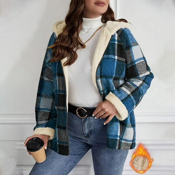 Karight Womens Plaid Shacket Jacket Sherpa Lined Flannel Jackets Oversized Winter Warm Zip Up Fleece Hoodies Coat Outwear