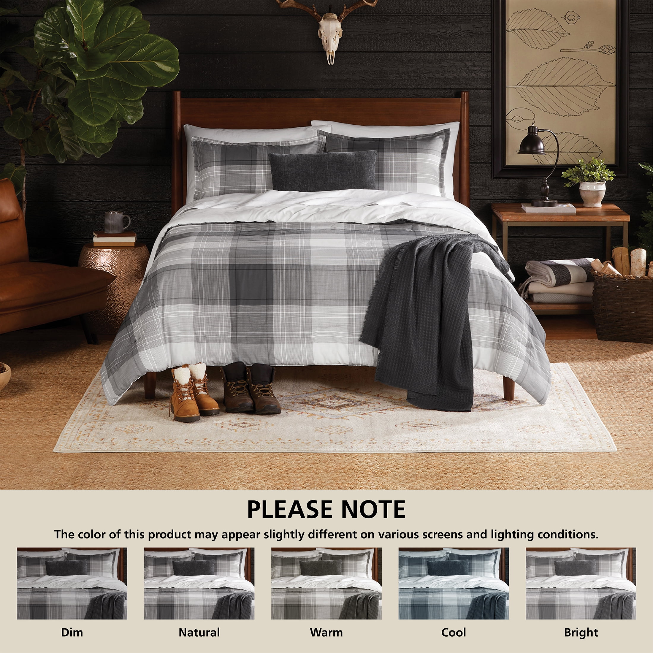 Mainstays King Comforter Set, All-Season, 5-Piece, Grey Plaid