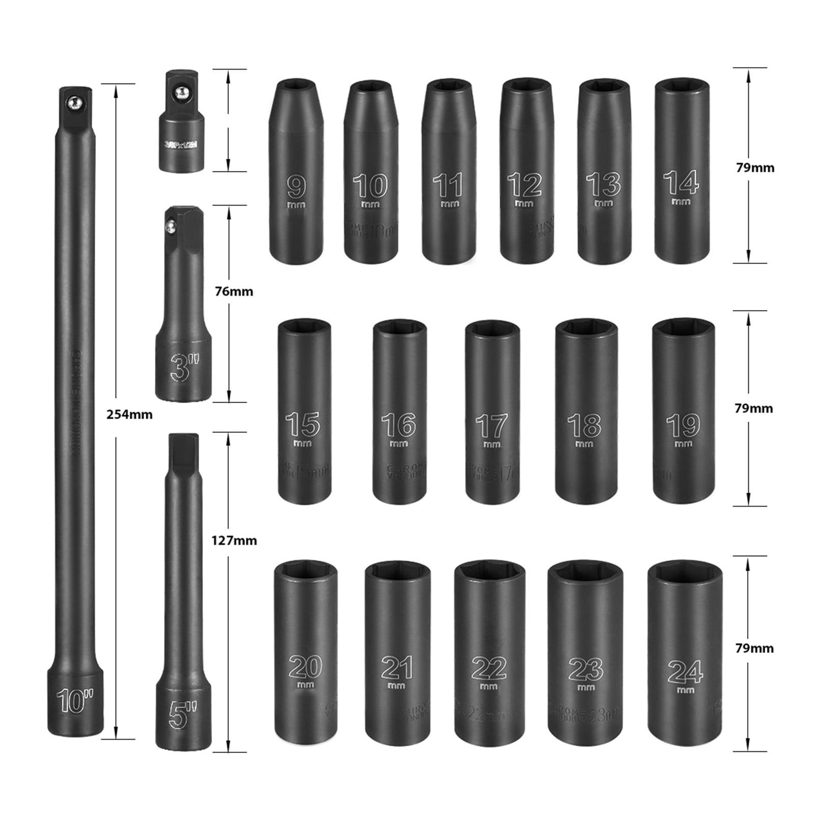 20PCS Impact Socket Set 1/2 Drive Metric For Air Pneumatic Universal Socket Metric Drive Deep Socket Wrench Repair Tools