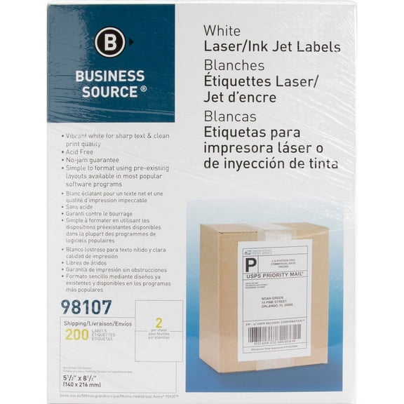 Business Source Bright White Premium-quality Internet Shipping Labels - 5 1/2" x 8 1/2" Length - Permanent Adhesive - Rectangle - Laser, Inkjet - Brig | Bundle of 2 Boxes