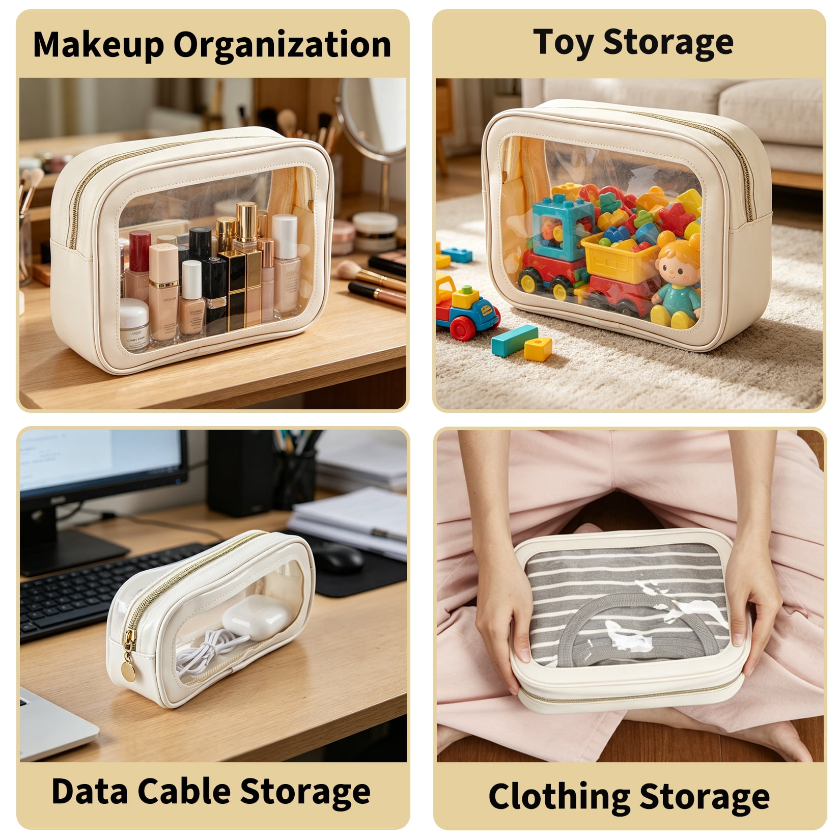 5PCS Clear Travel Bags Set, Waterproof Toiletry & Cosmetic Organizer with PU Trim, Transparent Storage Pouches for Makeup, Baby Essentials, Beach & Travel (Small Medium Large)