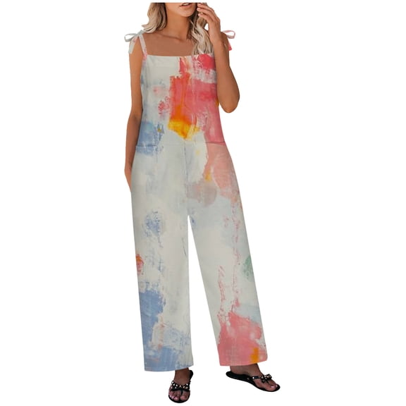 Jumpers for Women Casual Tie Shoulder Sleeveless Wide Leg Jumpsuits with Pockets Summer Romper Plus Size Fashion