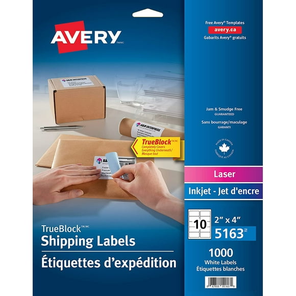 Avery True Shipping Labels for Inkjet/Laser Printers, 2" x 4", White, Rectangle, 1000 Labels, Permanent (5163)