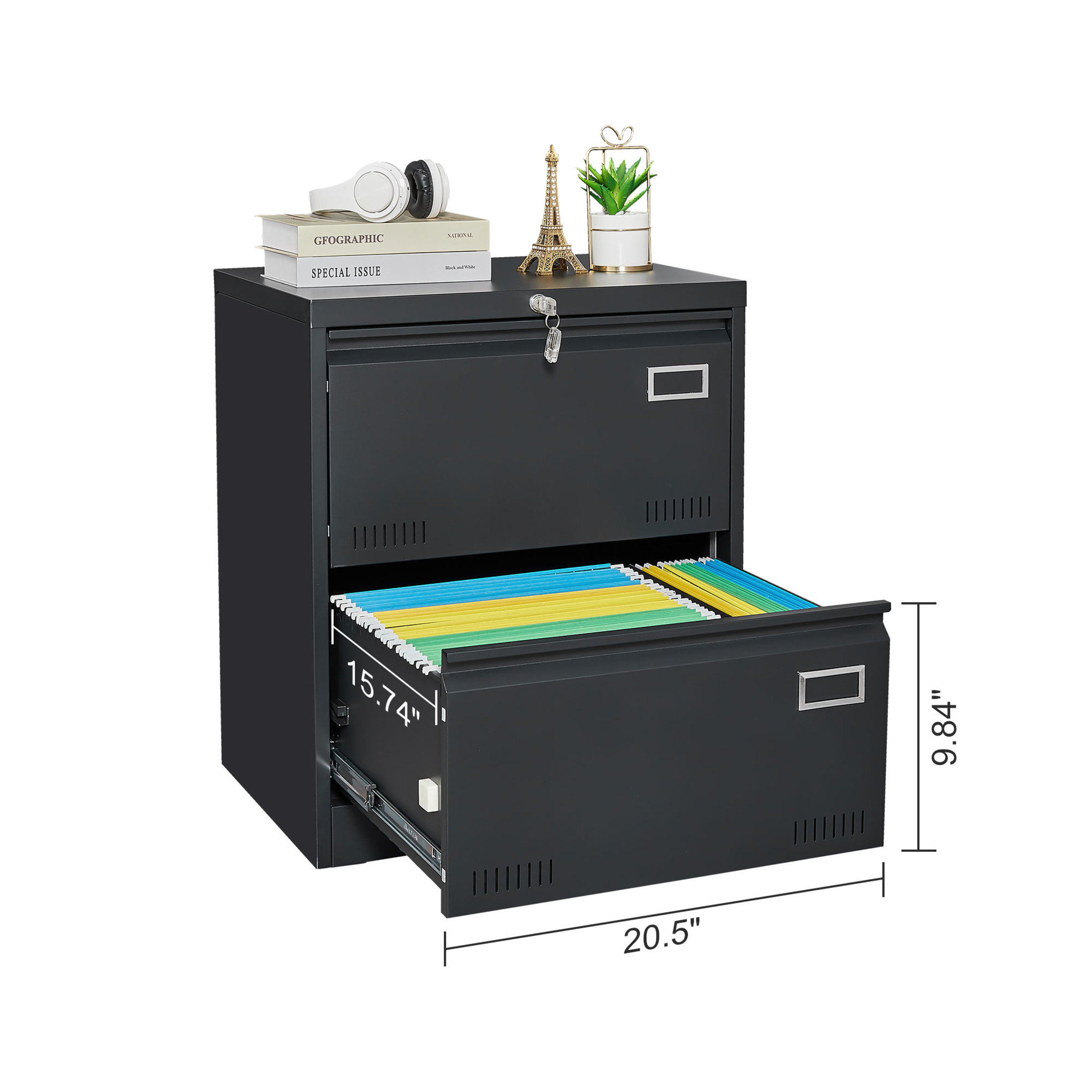 Noble House 2 Drawer Lateral File Cabinet with Lock, Metal Office Storage for Legal/Letter/A4, Black