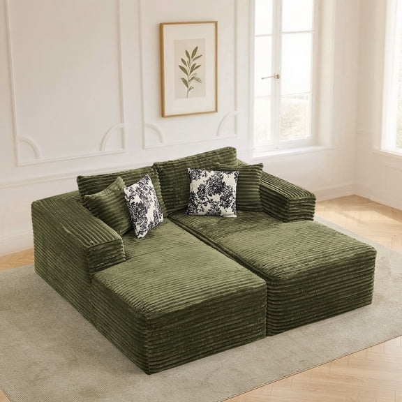 IPKIG 78.8-inch Oversized Corduroy Double Chaise Lounge, Boneless Sleeper Sofa Bed Modular Couch, 4 Pillows, No Assembly Required, Green