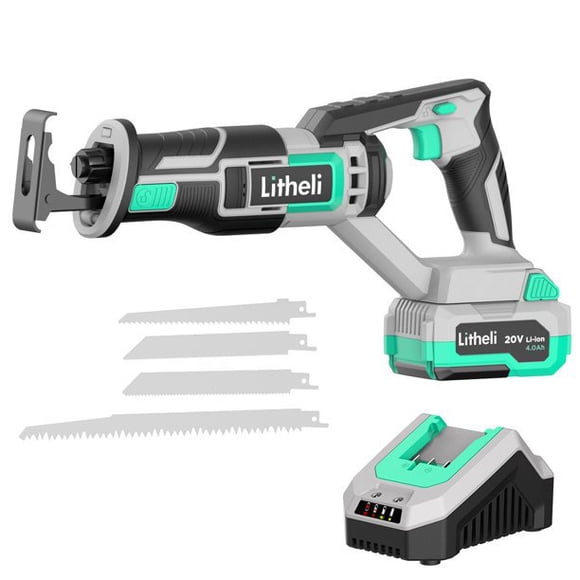 Litheli 20V Cordless Reciprocating Saw with 4.0 Ah Battery & Charger, 0-3000 SPM Variable Speed, Tool-free Blade Replacement