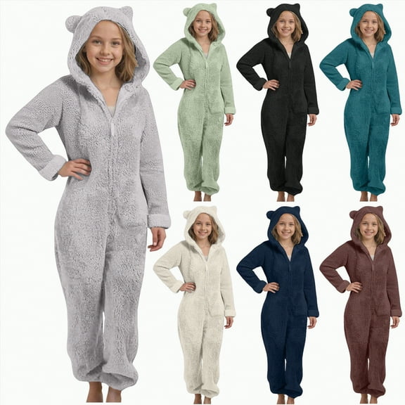 enyan Kids Onesies Fleece Jumpsuit Girls Warm Sherpa Lined Romper One Piece Zipper Hooded Cute Playsuit (Grey,8-9 Years)