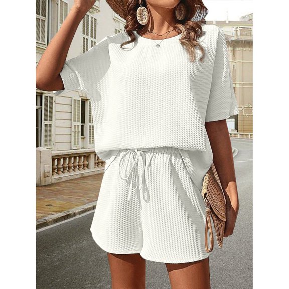 Women's Relaxed T Shirt and Drawstring Shorts Set, Casual Summer Two Piece Outfit