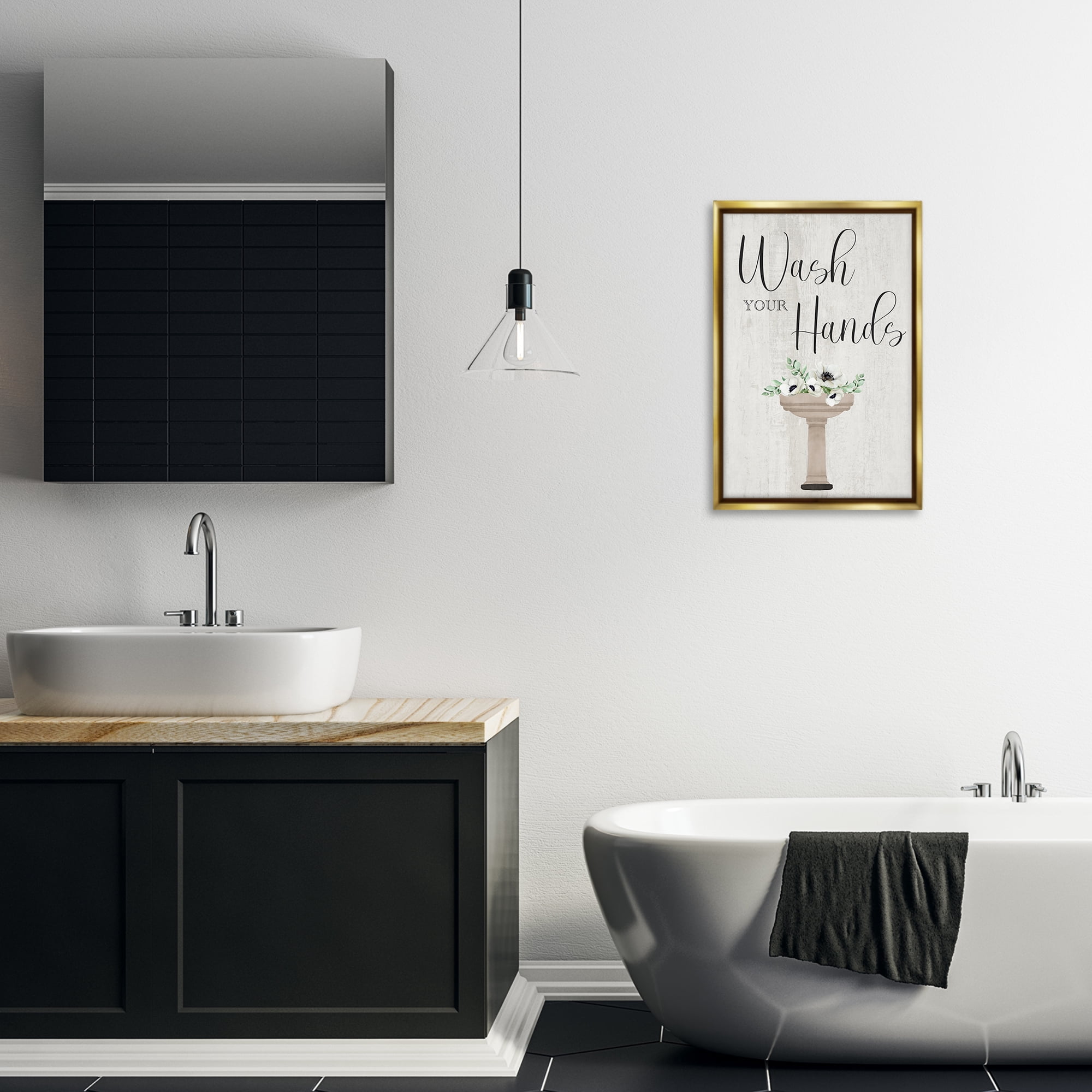 Stupell Industries Wash Your Hands Poppies Bath & Laundry Painting Gold Floater Framed Canvas Art Print Wall Art, 17 x 25