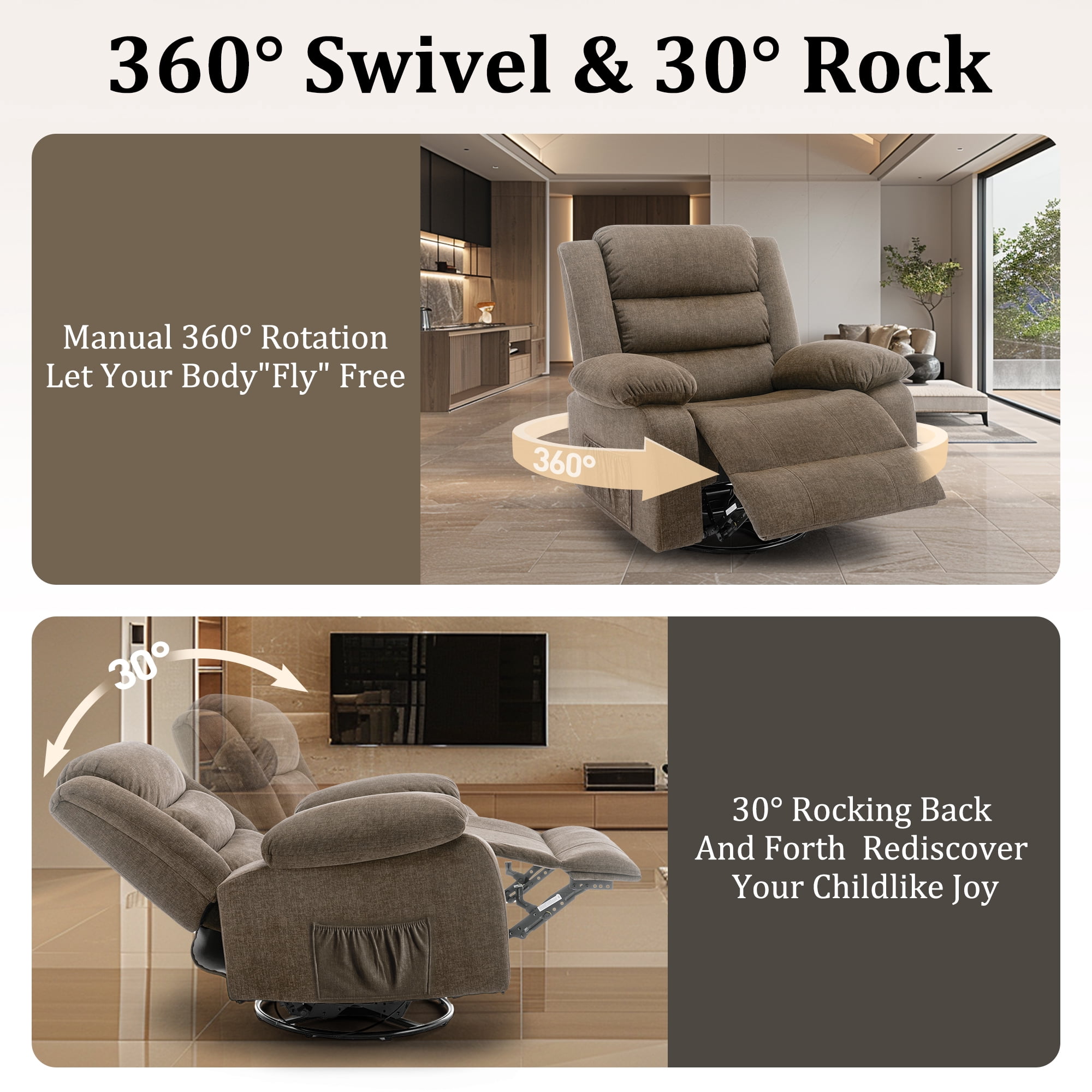 Korser Oversized Swivel Rocker Recliner Chair for Adults 40.6'' Wide for Nursery Living Room,Brown