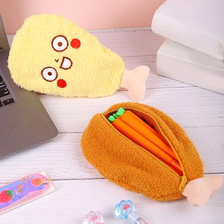 Fleece Chicken Leg Pencil Case Pouch - Cute Novelty Fried Chicken Design Soft Plush Stationery Organizer Zipper Pencil Bag Fun Gift Travel Study Use