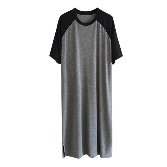 Mens Nightshirt Short Sleeve Round Neck Nightgown Color Block Loose Fit Comfy Lounge Pajama Sleepwear