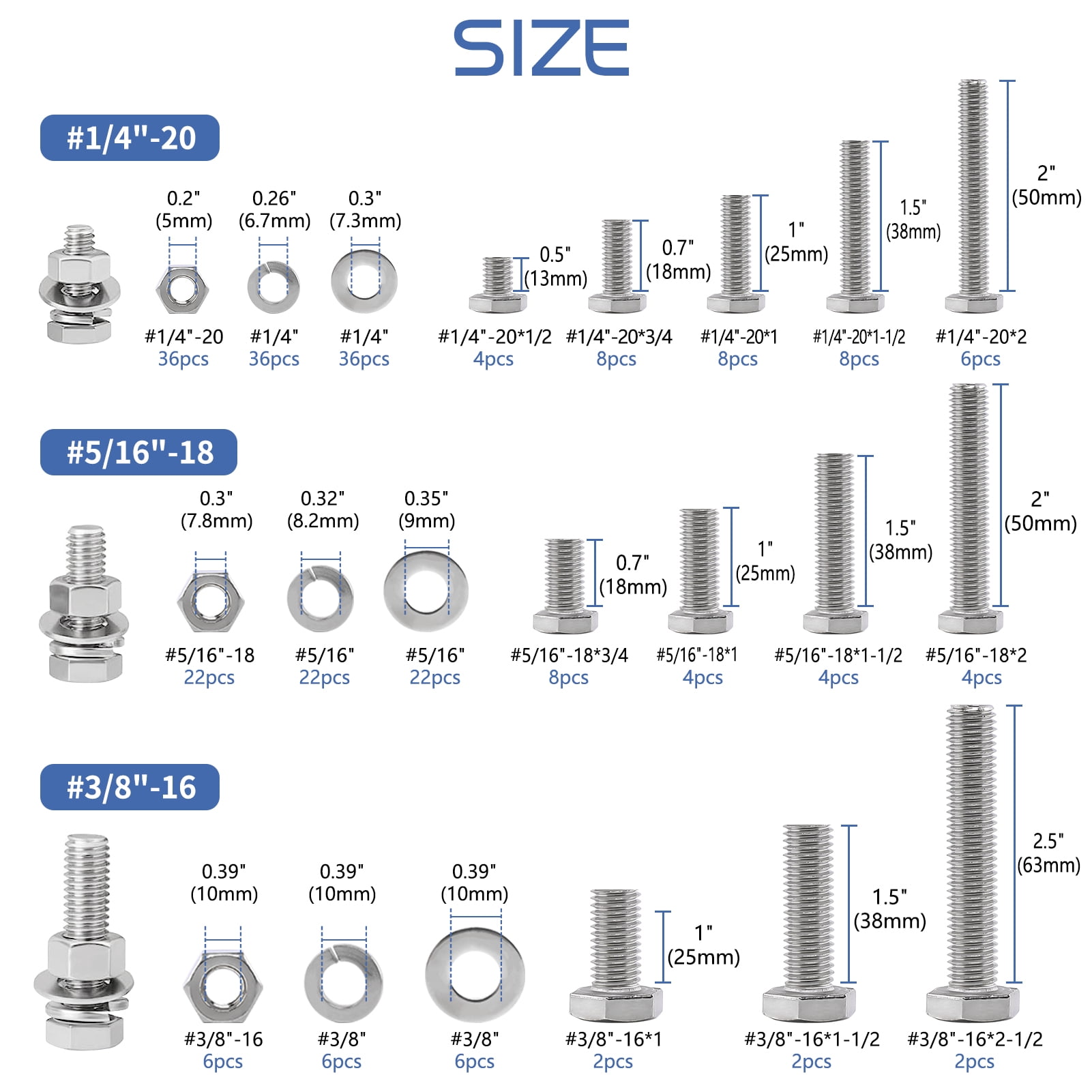 cyrico 252 Pcs Nuts and Bolts Assortment Kit, 304 Stainless Steel Hex Bolts and Nuts Washers Kit, 12 Size 1/4-20 5/16-18 3/8-16 Machine Screw Set Full Thread with Storage Case