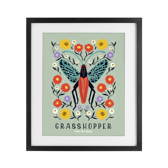Stupell Industries Symmetrical Grasshopper with Blooms Black Framed Print Under Glass, design by Indira Prieto | IndySign