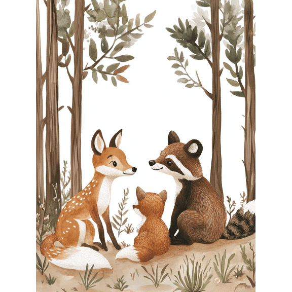 Forest Animals Watercolor Wall Art/Canvas Print, Suitable for Living Room, Bedroom, Nursery, Office, and Hallway Decoration.