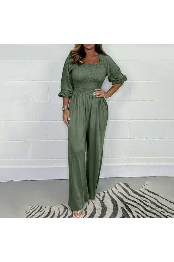 Dressy Plus Size Long Sleeve Fall and Winter Pleated Casual Jumpsuits for Women Loose Elastic Straight-Leg Pants Rompers