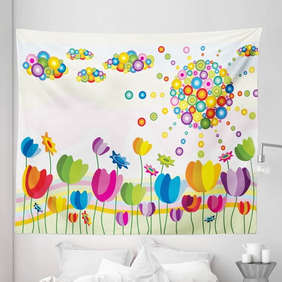 Colorful Tapestry, Abstract Illustration of Flowers Sun and Clouds Summertime Park Sunny Day Joyful, Fabric Wall Hanging Decor for Bedroom Living Room Dorm, 5 Sizes, Multicolor, by Ambesonne