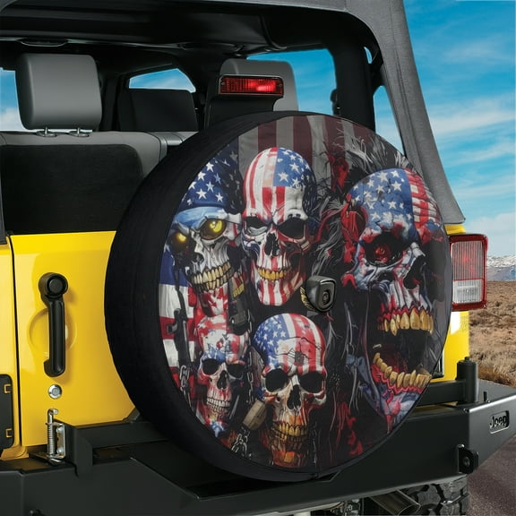Lotusprinthandmade America Flag Skull Skeleton Spare Tire Cover With Backup Camera Hole 6 Sizes (27 in.), patriotic skull spare tire wrap