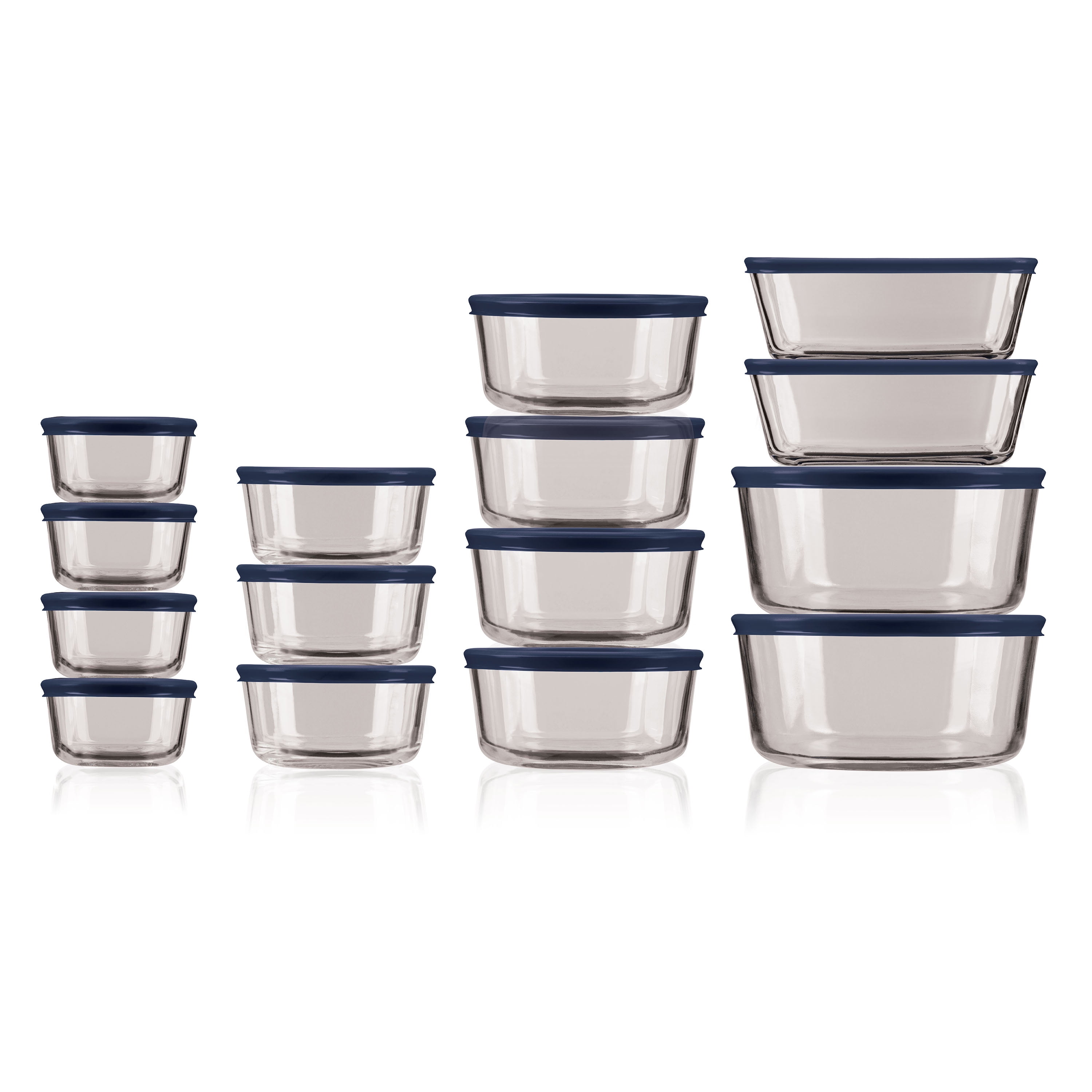 Clear Glass Food Storage 30 Piece Set with Navy Lids BPA-free