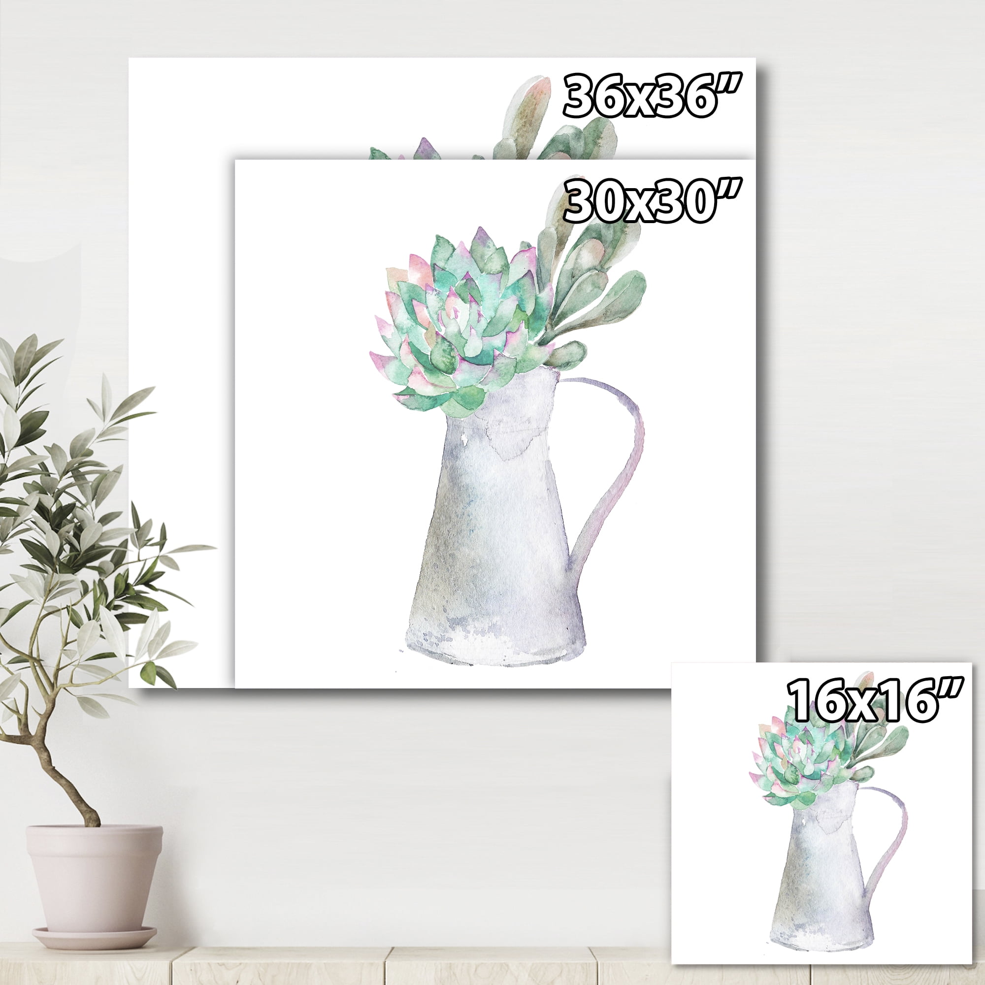 Designart ' Succulent Home Plant In Jug ' Traditional Canvas Wall Art Print