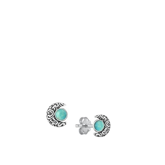 Sterling Silver Simulated Turquoise Bali Moon Oxidized Stud Earrings .925 New Jewelry Female Unisex