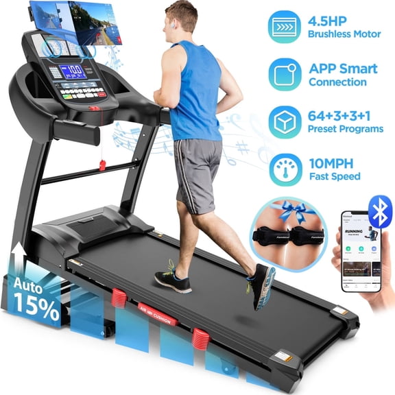 4.5HP Treadmill w/ 300lbs Capacity, 15 Levels Auto Incline, 64 3 3 1 Preset Programs, 4.5HP Speed, LCD Display, App Control, HiFi Stereo Bluetooth, Shock Absorption System, Portable Exercise Machine