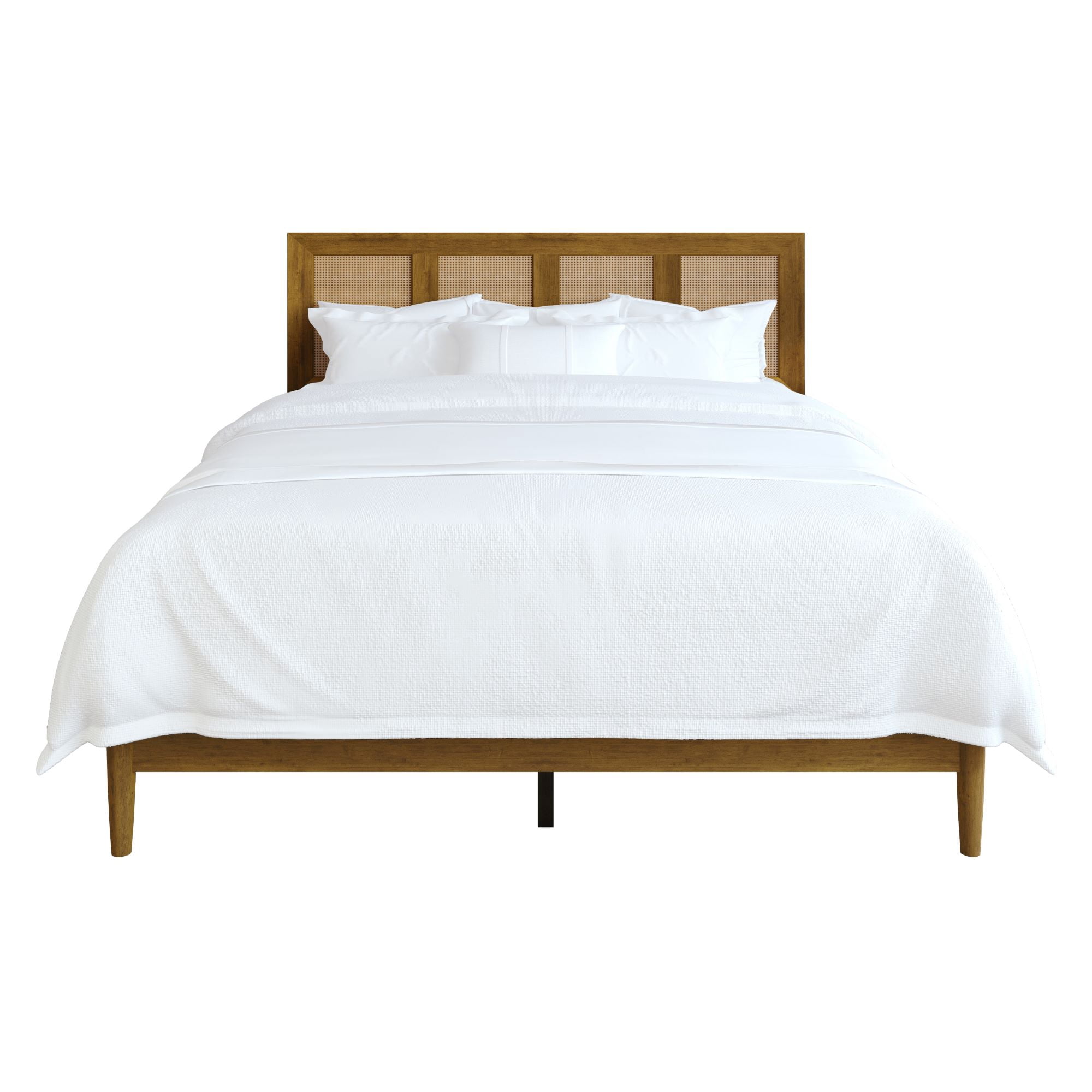 Home Design Skokie Queen Platform Bed Frame with Rattan-Embellished Headboard and Full Slat System, Brown, Easy Assembly