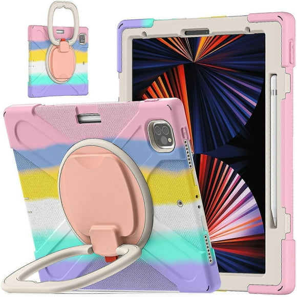 Color Matching Case For Ipad Pro 12.9 Inch 2021 With Shoulder Strap, Big Adjustable Ring Stand, Pen Holder, Shock Protection Cover