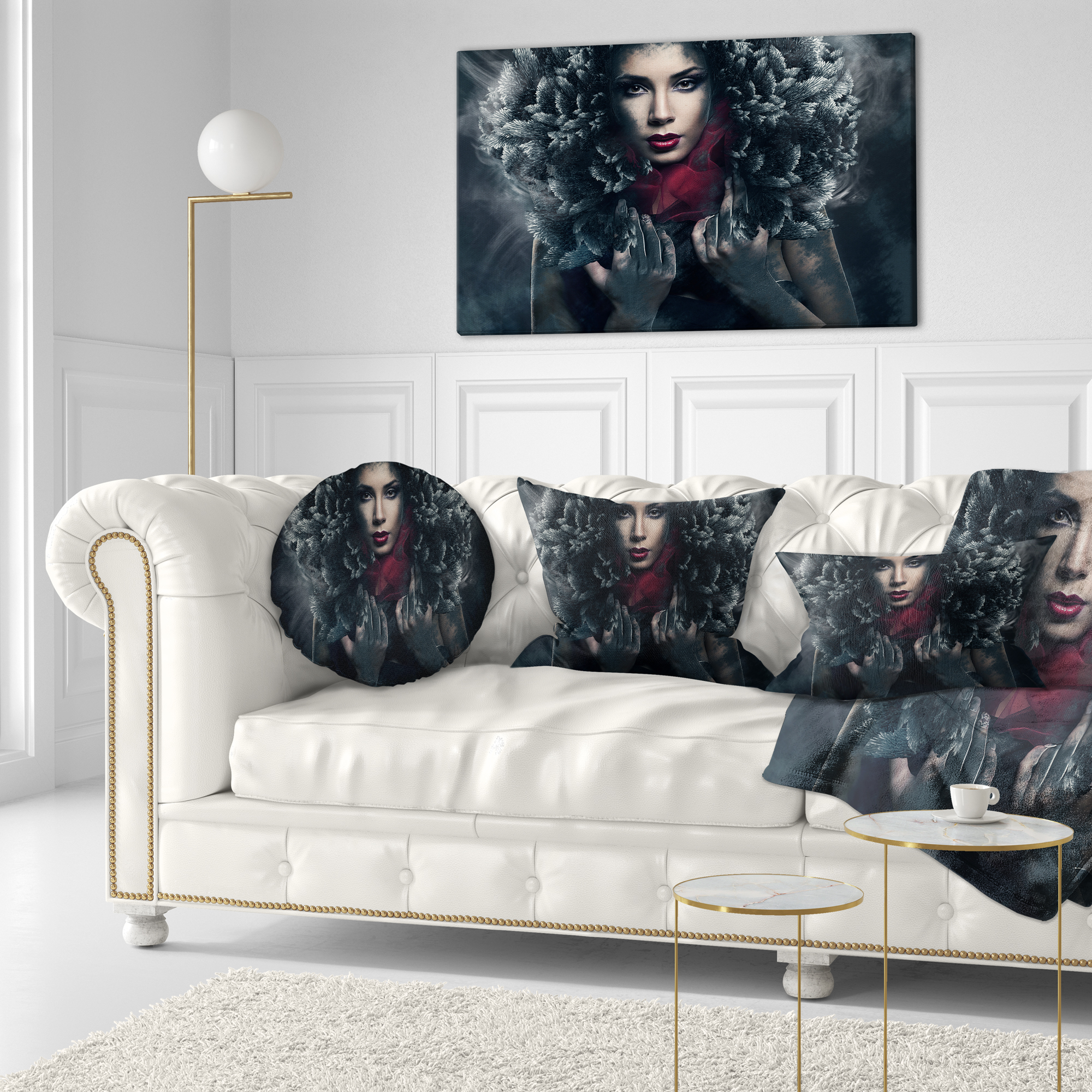 Designart Passionate Woman in Feather Hood - Portrait Throw Pillow - 12x20