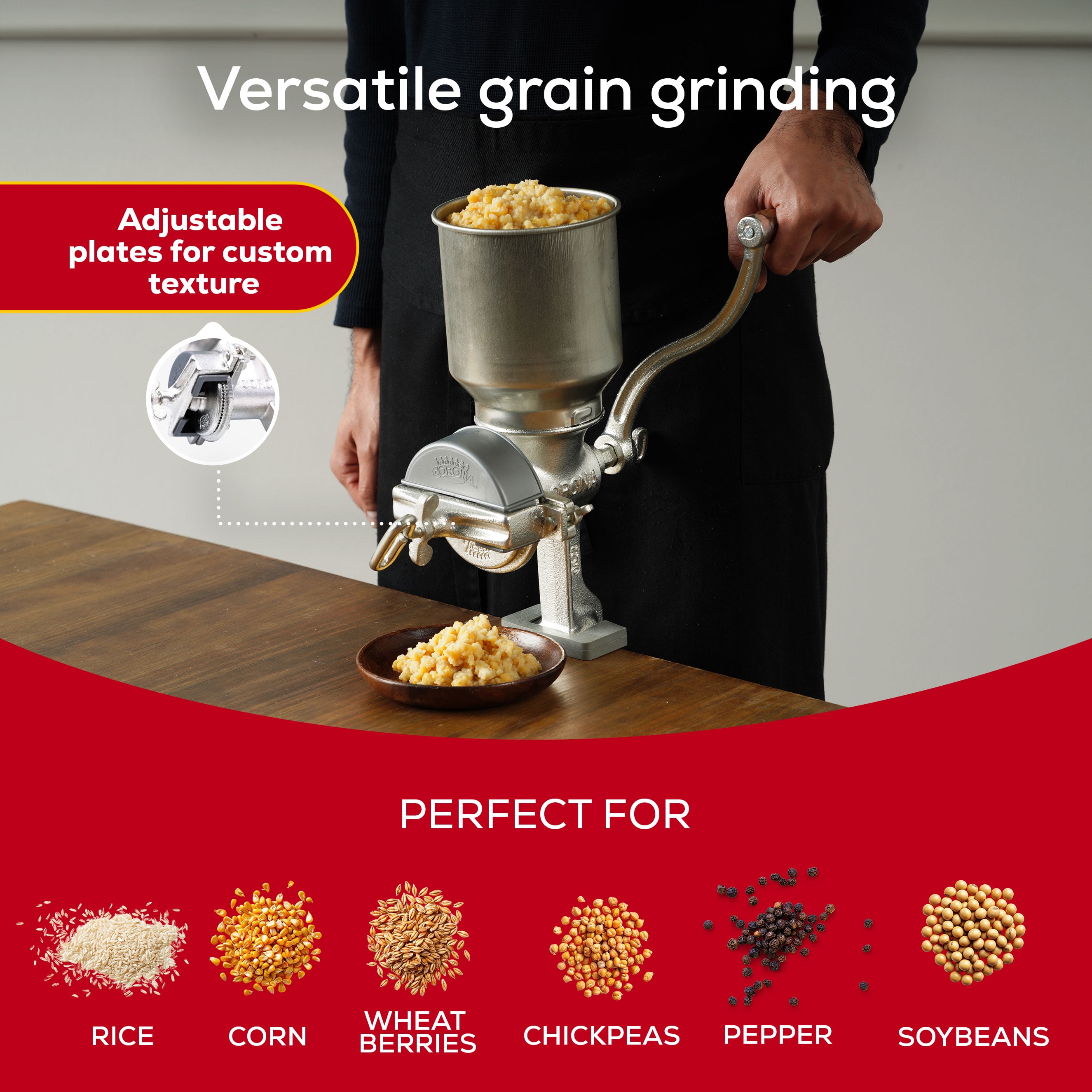 Corona Cast Iron Corn and Grain Mill with High Hopper, Manual Grinder for Domestic Use