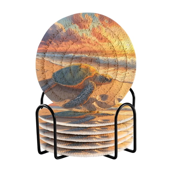 Haosy Set of 6 Drink Woven Coaster with Holder Heat Resistant Non-Slip Bar Coasters 4 Inches Turtle Beach Sunset