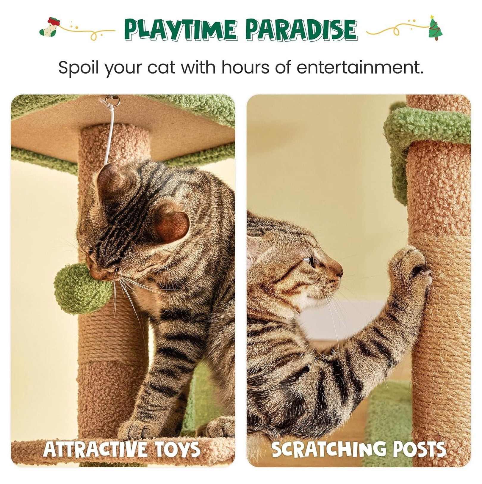 Cat Tree 63.8 Inches Green, Multi-Level Cat Tower with Scratching Posts, Hammock & Toys