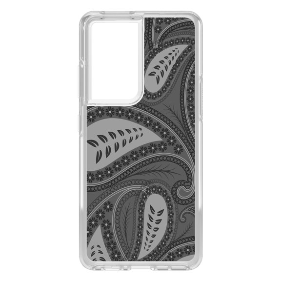 DistinctInk Clear Shockproof Hybrid Case for Galaxy S21 ULTRA 5G (6.8" Screen) - TPU Bumper, Acrylic Back, Tempered Glass Screen Protector - Big Grey Black Paisley
