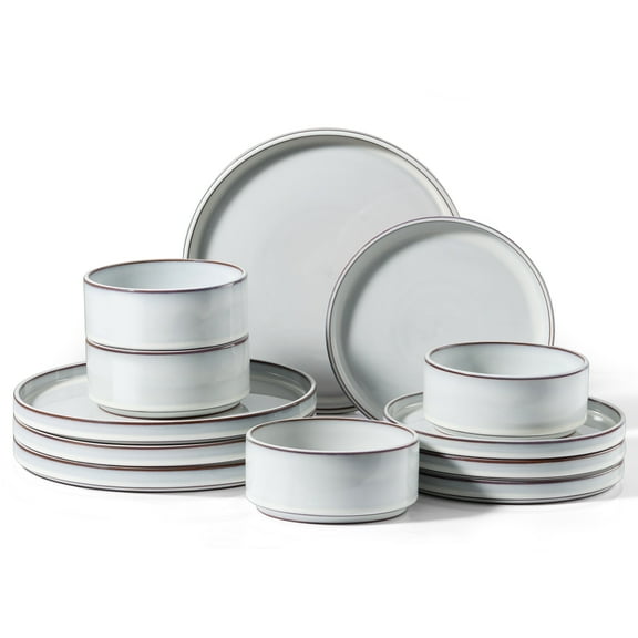 Vesteel 12-Piece Dinnerware Set, Ceramic Plates and Bowls Sets, Healthy Yixing Purple Clay Dishes Set, Elegant & Durable Tableware, Dishwasher & Microwave Safe - Moonlight White