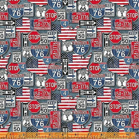 American Road Trip Red Signs - Novelty Fabric - Red Cotton Fabric