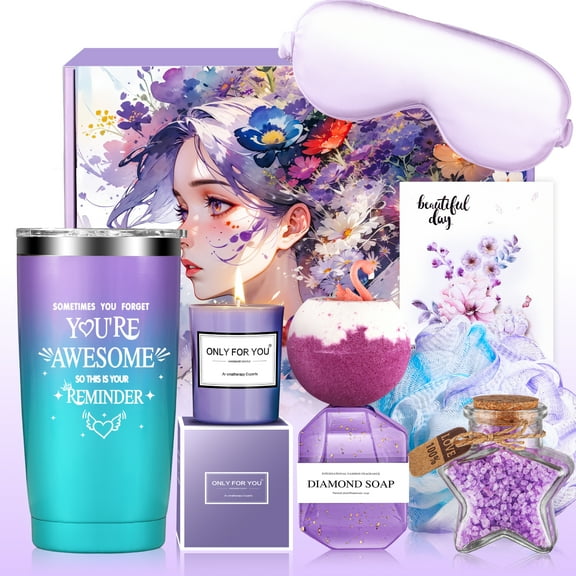 Aofmee Gift Baskets for Women, 8 Pcs Lavender Scents Spa Bath Set, Body Care Relaxing Holiday Birthday Gifts for Her, Purple