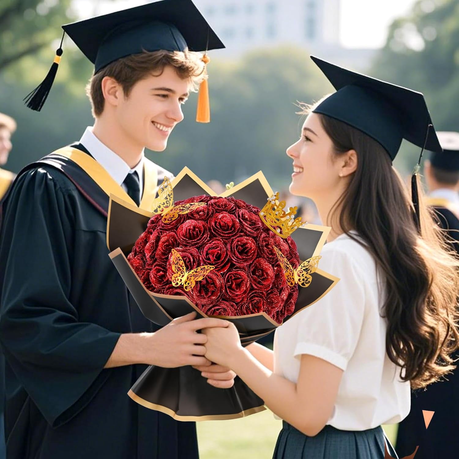 Waipfaru Glitter Roses Bouquet,24pcs Artificial Rose Flower,DIY Glitter Everlasting Rose Bouquet with Stem for Graduation,Engagement,Anniversary,Wedding