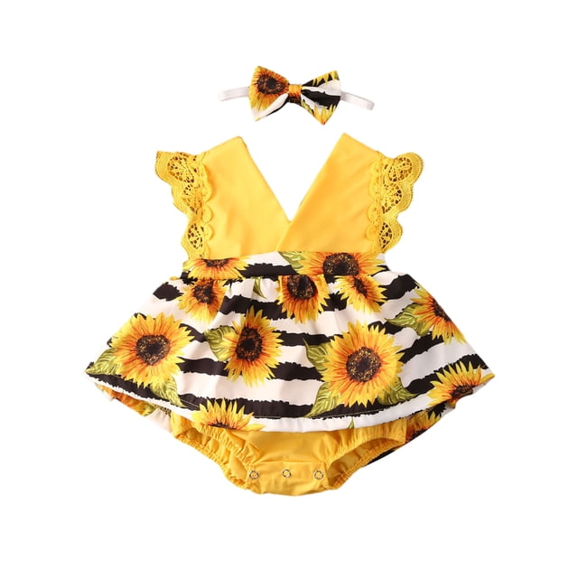 Xingqing Été Nouveau-Né Filles Imprimé Tournesol Barboteuse Robe Combinaison Bandeau Tenues