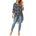 thumbnail image 2 of INSPIRE CHIC Women's Round Neck 3/4 Ruffle Split Sleeve High Low Asymmetrical Chiffon Tunic Blouse Black White Floral L, 2 of 6