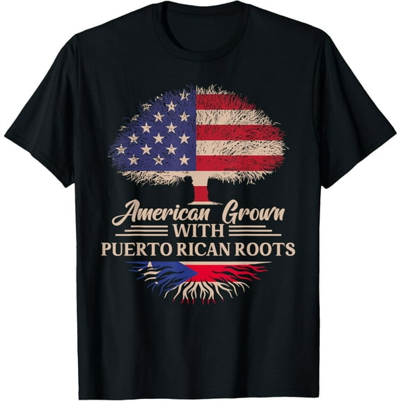 American Grown With Puerto Rican Roots Half American Flag T-ShirtMen and women, Black T-shirt, size: Extra large S-4XL