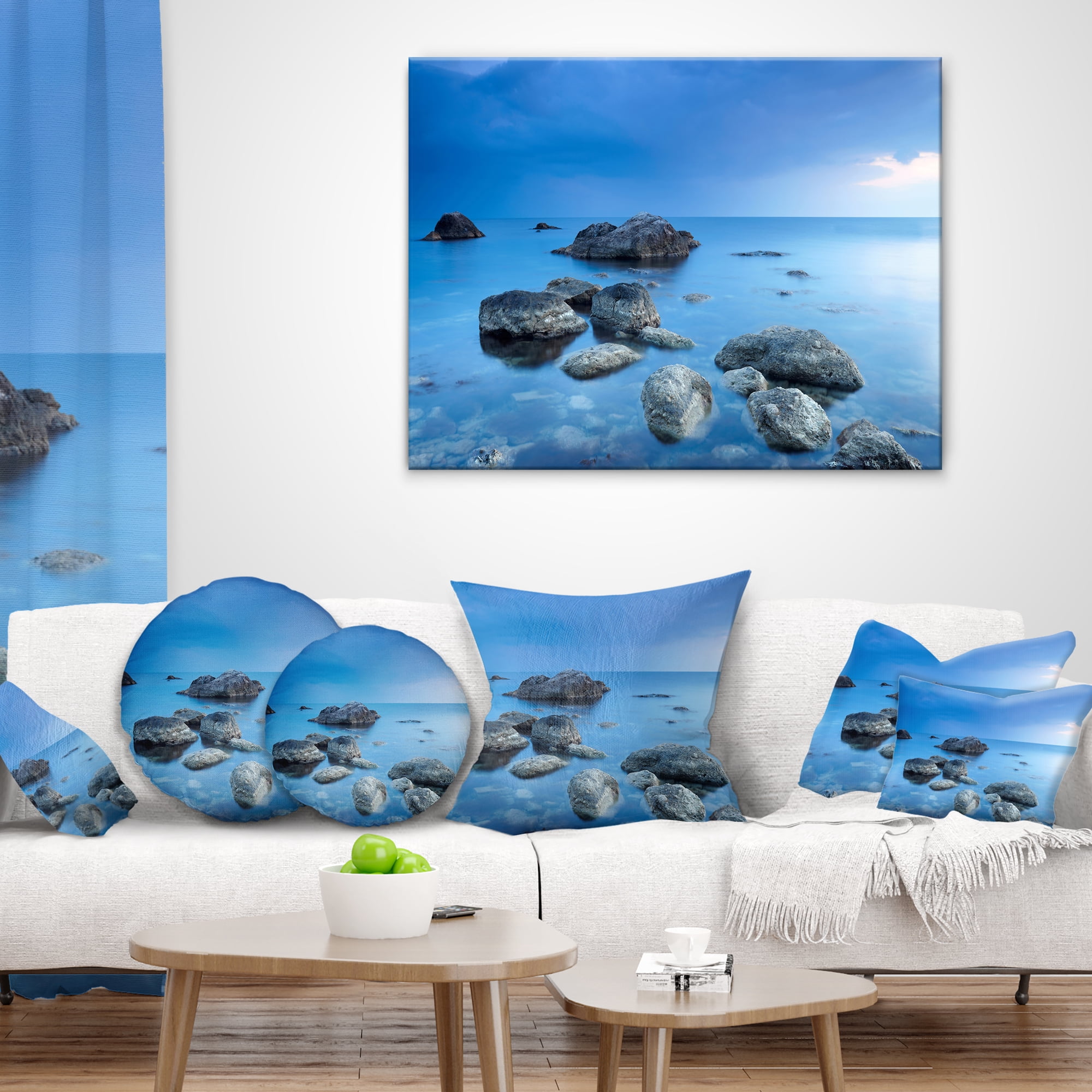 Designart Rocky Blue Sea - Seascape Photography Throw Pillow - 12x20