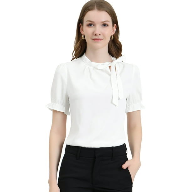 Top Elegante De BluDe ManCorDe OficiDe Las Camisas Del Cuello De PajariDe Las Mujeres Blanco M