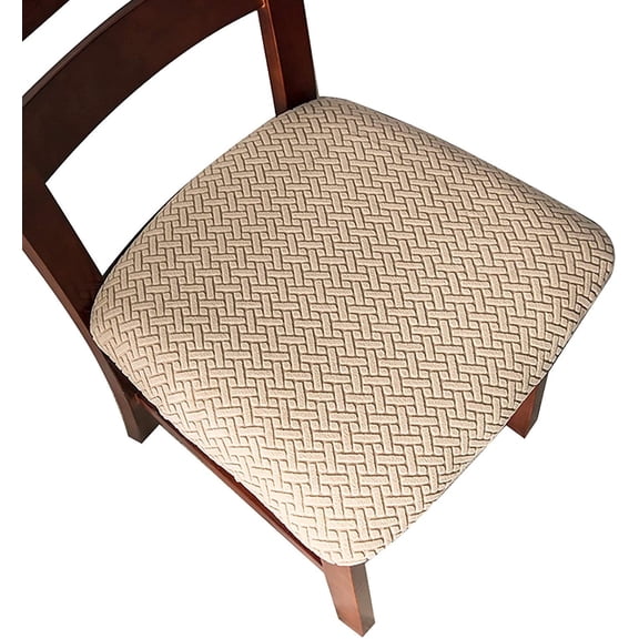 AUQ Set of 4 Dining Room Chair Seat Covers, Khaki Jacquard Slipcovers with Straps, Stretch Kitchen Chair Cushion Protectors