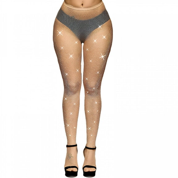 TELOLY Women's Hollow Out Rhinestone Pantyhose,Sparkle Fishnets Sexy Tights,High Waist Stockings