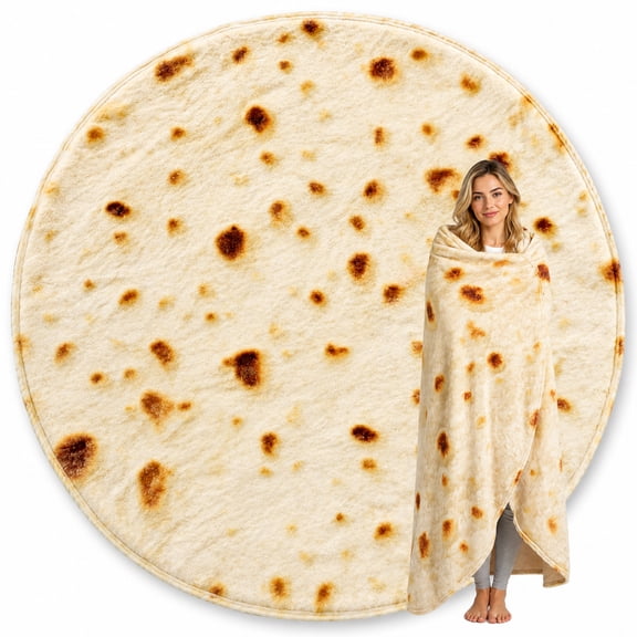 XALMERIQ 71 Inch Burrito Tortilla Blanket, Realistic Flannel Throw Blanket, Soft Cozy Round Food Wrap Blanket, Funny Novelty Gift for Adults, Beige