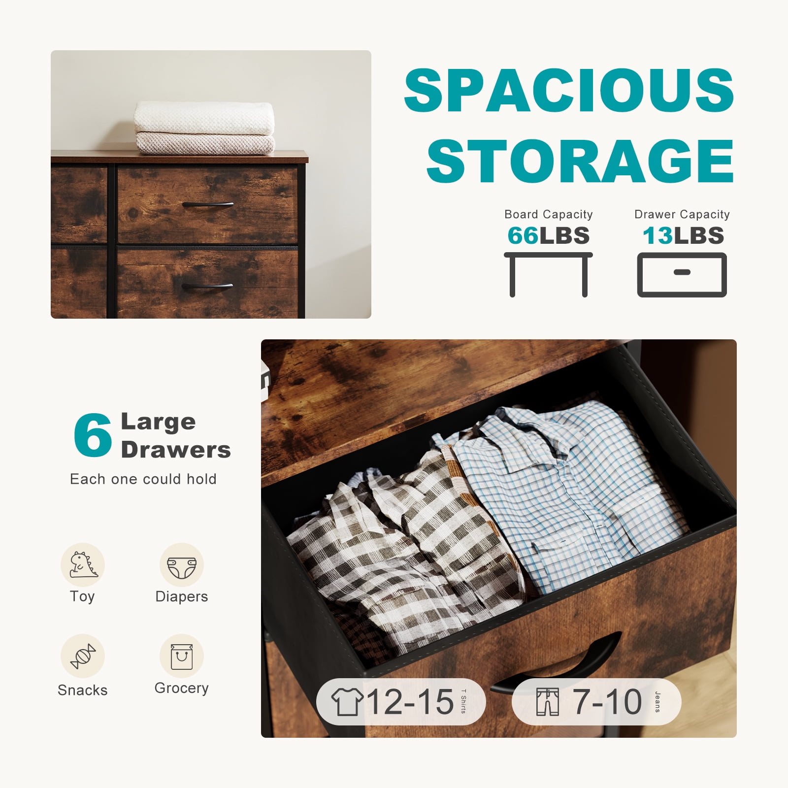 Aidoly Bedroom Dresser, 6 Storage Drawers, Anti-Tip Wide Fabric Closet Chests Organizer Tower Furniture with Wooden Top Metal Frame for Living Room, Hallway, Entryway, Rust