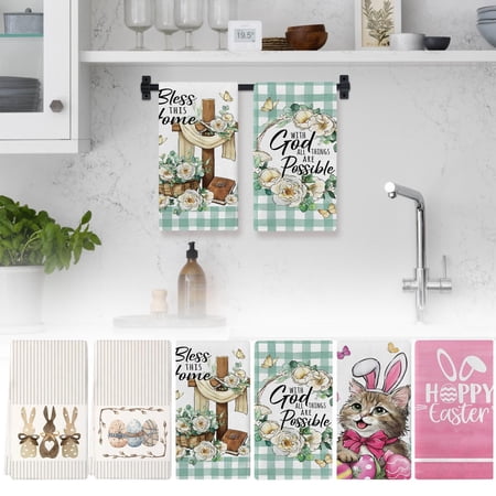 CoreLiving Easter Decorations for Home Kitchen Towels Set of 2 Farmhouse Bunny Rabbit Pattern with Striped Plaid and Eucalyptus Leaves 16x24 Inches