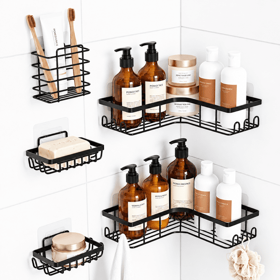 Modern Madame Corner Shower Caddy 5 Pack, No Drill Rustproof Carbon Steel Bathroom Organizer, 2 Shelves 2 Soap Holders 1 Toothbrush Rack, Extra Double Adhesive Strips, Black for Bathroom Kitchen Laun