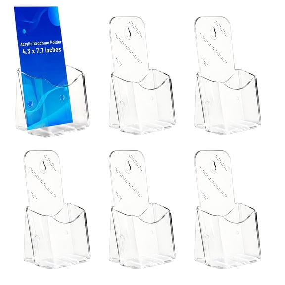 6 Pcs Brochure Holder Stand, 4 inches Acrylic Pamphlet Display Stand Wall Mount/Countertop, Clear Plastic Trifold Rack Card Holder Organizer for Display Flyer, Document, Literature, Post Card