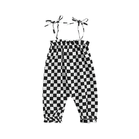 Biekopu Baby Girls Summer Casual Jumpsuit, Brown Checkerboard Plaid Pattern Sleeveless Tie-up Strap Romper,0-24 Months